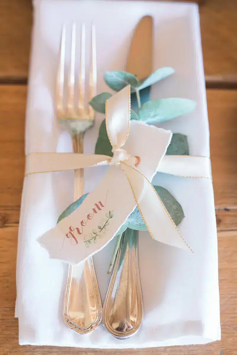 A wedding name place card on the table for an intimate wedding