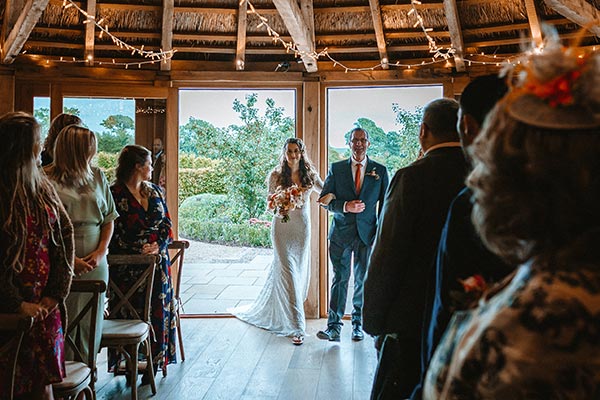 Bride Arrives For Autumn Barn Wedding